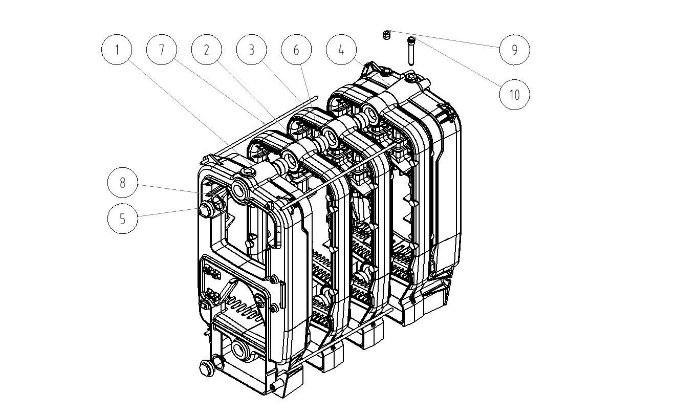 1. Człon przedni 2. Człon środkowy 3. Człon tylny 4. Korek 5. Nypel kotłowy 56 mm 6. Śruba ściągająca 7. Uszczelka 8. Zaworek zwrotny manometru 9. Kapilara termometru Rys. nr.