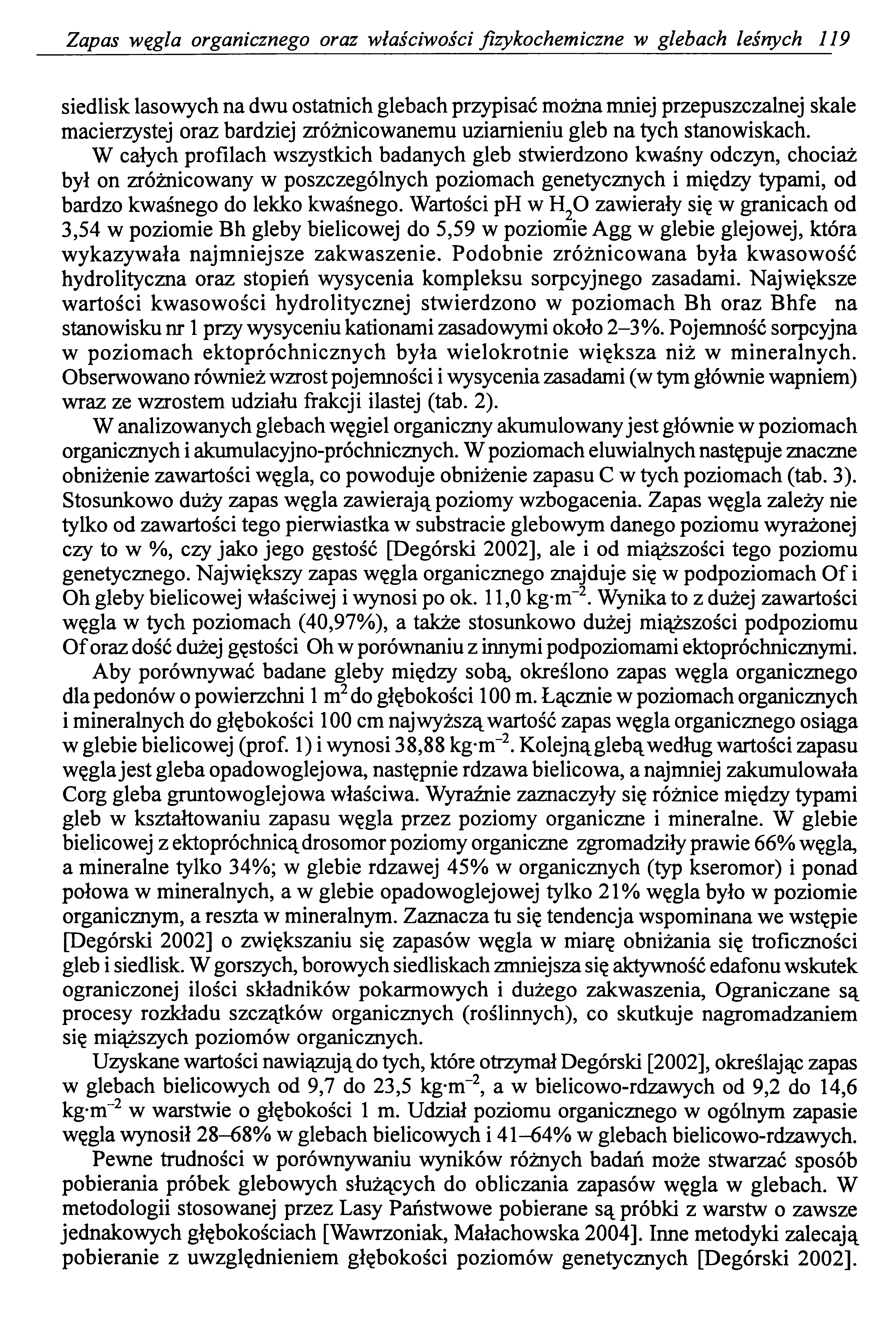 Zapas węgla organicznego oraz właściwości fizykochemiczne w glebach leśnych 119 siedlisk lasowych na dwu ostatnich glebach przypisać można mniej przepuszczalnej skale macierzystej oraz bardziej