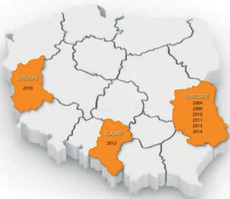 Rys. 2. Udział polskich województw w badaniach społecznych przeprowadzonych w latach 2004 2014 (badania poza województwem lubuskim 2010 i opracowanie A.