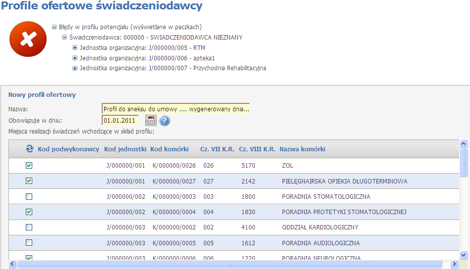 Aby stworzyd profil potencjału dla formularza aktualizującego do danej umowy, należy zaznaczyd wszystkie komórki (w tym podwykonawców) znajdujące się w danej umowie.