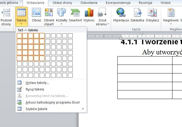 4 Obiekty 4.1 Tworzenie tabel 4.1.1 Tworzenie tabeli gotowej do wprowadzenia danych Aby utworzyć tabelę należy wybrać ze wstążki Wstawianie->Tabela i postępować zgodnie z instrukcjami. 4.1.2 Wstawianie, edycja danych w tabeli.