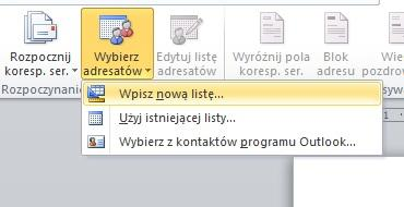 5.1.2 Zaznaczenie listy adresowej (źródła danych) korespondencji seryjnej Następnie musimy wpisać adresatów korespondencji lub wybrać istniejący