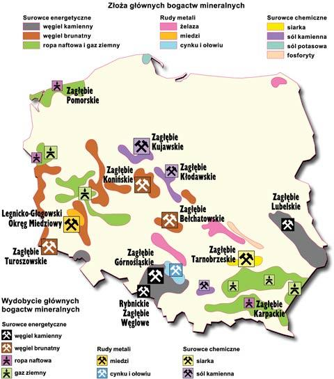 ZADANIE 5. Obejrzyj dokładnie mapę zasobów mineralnych Polski. Odpowiedz na pytania. 1. W jakich częściach Polski znajdują się złoża węgla kamiennego? Jak się nazywają te tereny?... 2.