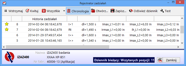 Instrukcja obsługi 40 / 72 izaz400 4.2.2. Rejestrator zadziałań Umożliwia analizę ilościową zakłóceń.