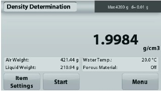 21 4.5.1 Pomiar gęstości ciał stałych przy użyciu wody (tryb domyślny) Naciśnij przycisk Item Settings w celu otwarcia ekranu ustawień wyznaczania gęstości.