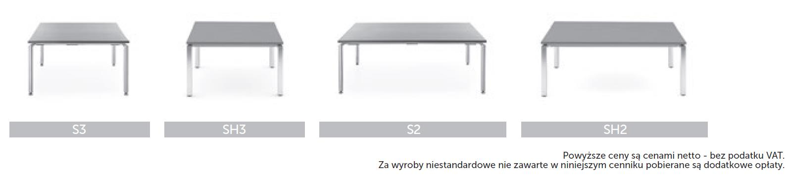 Vancouver Stoliki PRODUKT Kod Kolor bazy / stelaża CENA Okleina Laminat modyfiwysokociśnie- Szkło hartowane kowana niowy HPL (G1) (HMV, HMR, (LW) HMZ) Opis modelu Informacje dodatkowe S3 SH3 S2