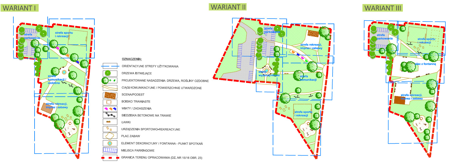 3. WARIANTY ZAGOSPODAROWANIA TERENU Zaproponowano trzy warianty zagospodarowania terenu, w których uwzględniono wnioskowane elementy zagospodarowania w mniejszym lub większym stopniu.