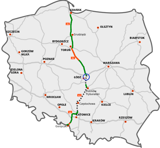 Stanisław Bacior Rysunek 1. Autostrada A1 z zaznaczonym badanym odcinkiem [www.wikipedia.pl] Figure 1. Motorway A1 with a marked researched section [www.wikipedia.pl] Badany odcinek drogi przecina 21 dróg, z czego pięć wyposażonych będzie w wiadukty autostradowe.