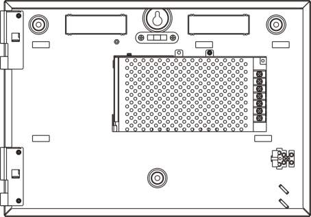 Rozdział 2: Montaż Rysunek 5: Układ małej obudowy i płyty głównej (centrala z dwoma pętlami) 1. Złącza pętli i systemu przeciwpożarowego 2. Poziomica 3. Złącza uziemienia 4. Złącze Ethernet 5.