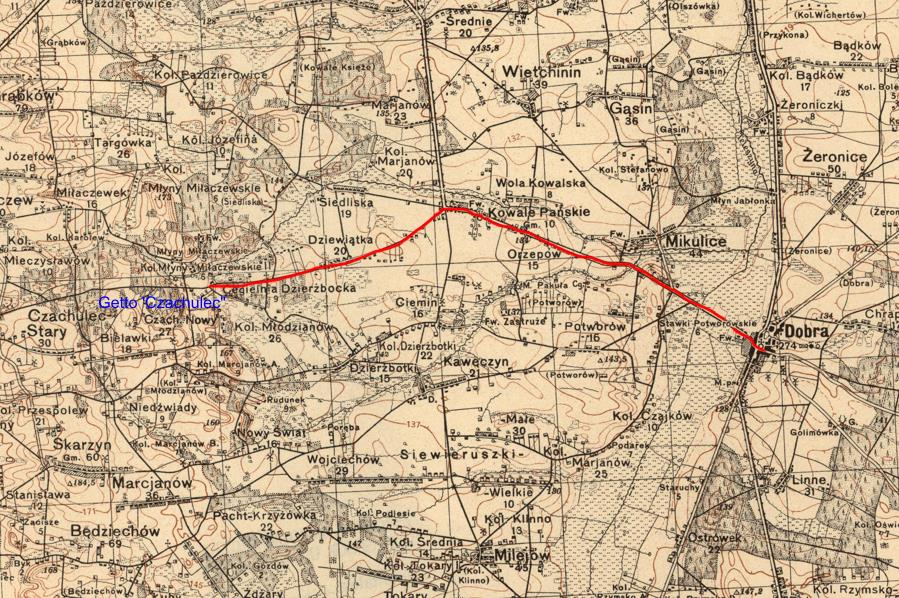 41 Trasa z Dobrej do getta w Nowym Czachulcu Plan poniżej przedstawia lokalizację w mieście najważniejszych obiektów związanych z mieszkańcami Dobrej narodowości żydowskiej, z uwzględnieniem synagogi