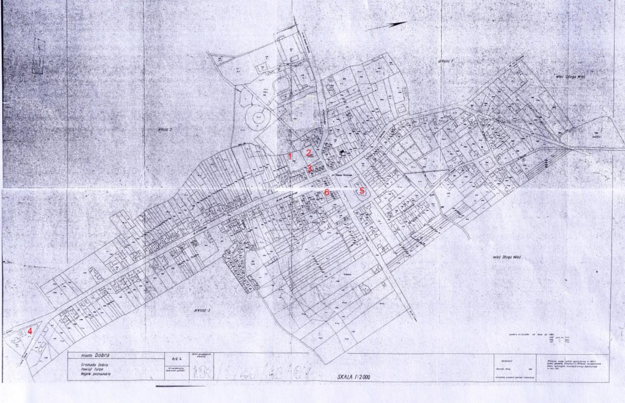 42 Plan miasta z czasów okupacji niemieckiej 1. Synagoga 2. Stary cmentarz żydowski 3. Mykwa 4.
