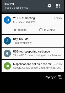 51 Pierwszy tydzień korzystania z nowego telefonu Powiadomienia Panel powiadomień Ikony powiadomień informują o nowych wiadomościach, wydarzeniach kalendarzowych, alarmach oraz trwających