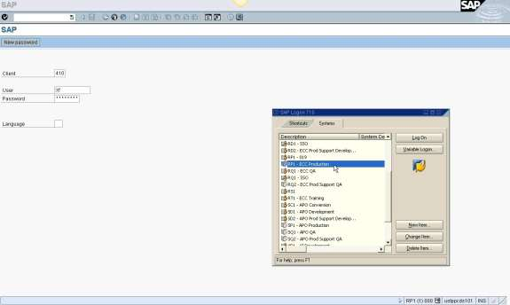 4.2 Logowanie do portalu systemu SAP ECC RP1 Wybierz pozycję RP1 w oknie SAP Logon i kliknij przycisk Log On. Po wyświetleniu ekranu logowania wprowadź identyfikator użytkownika i nowe hasło.