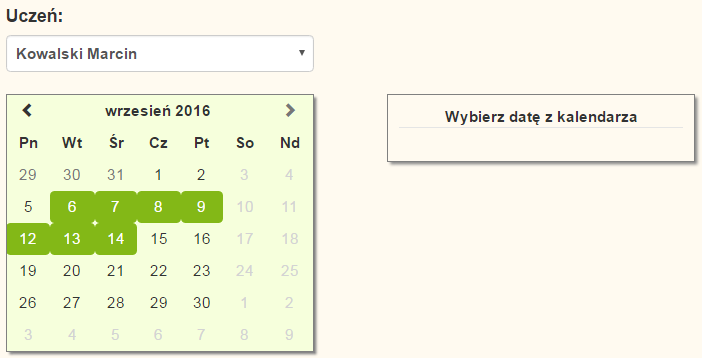 Wybór ucznia generuje widok jak niżej. Udostępniony został kalendarz, przy pomocy którego, użytkownik będzie wybierał daty rezerwacji.