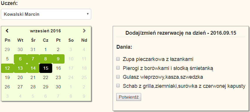 Nowa rezerwacja. Wybrany dzień zostaje tymczasowo oznaczony czarnym kolorem, a po jego prawej stronie zostajnie wyświetlony formularz prezentujący menu na wskazany dzień.