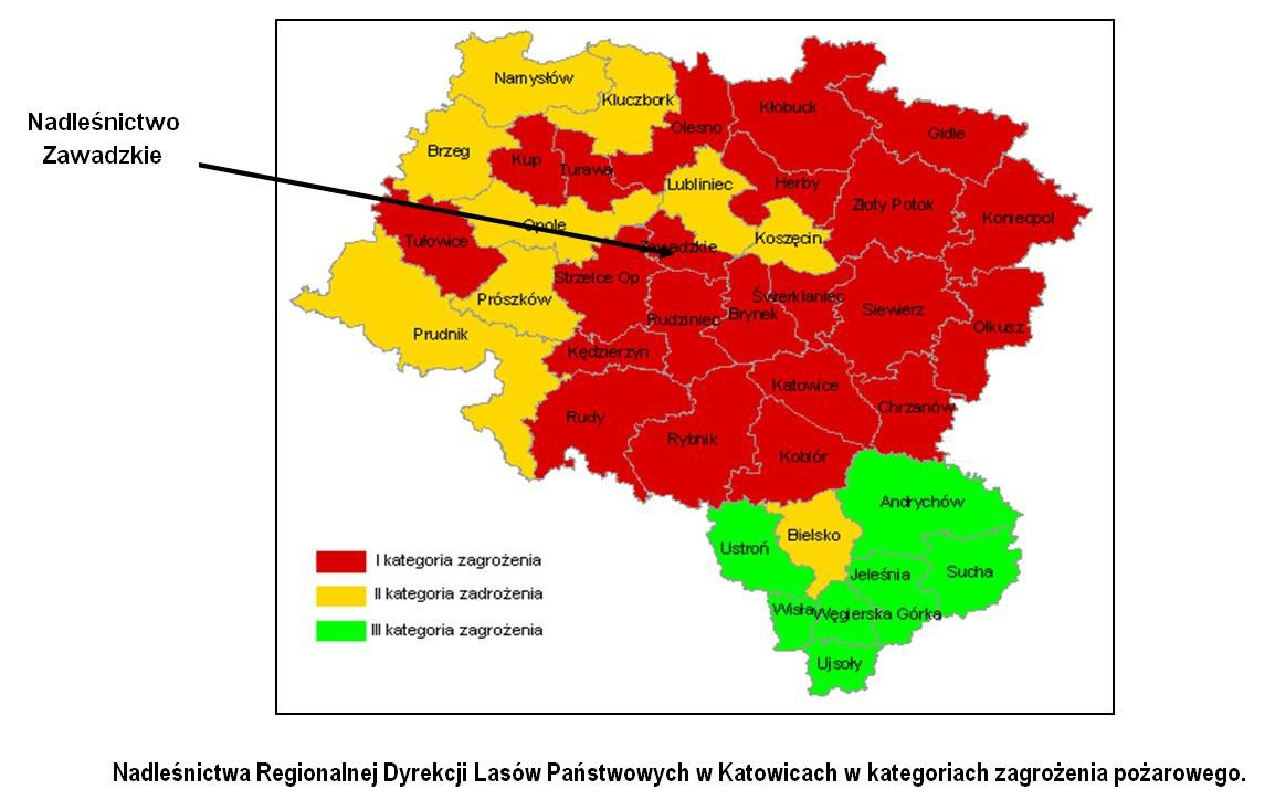 Ochrona przeciwpożarowa Nadleśnictwa Zawadzkie Obszary Nadleśnictwa stanowią jeden zwarty kompleks leśny co jest bardzo korzystną cechą pod względem gospodarczym jak i ogólnoprzyrodniczym ale