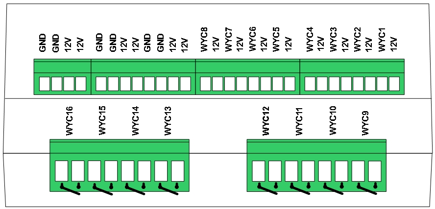 Profil boczny sterownika Opis sygnałów 5V 12V GND WEA1 - WEA4 DS1, DS2 WEC1 - WEC8 napięcie do wykorzystania przez użytkownika (max 0,2A) z wewnętrznego stabilizatora. Można wykorzystać np.