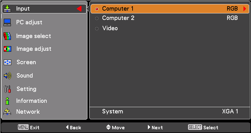 Wybór źródła sygnału (RGB: Komputer 1/Komputer 2) Bezpośrednio Sygnał wejściowy z komputera Aby wybrać opcję Komputer 1 (RGB) lub Komputer 2 (RGB), naciśnij odpowiednio przycisk COMPUTER 1 lub
