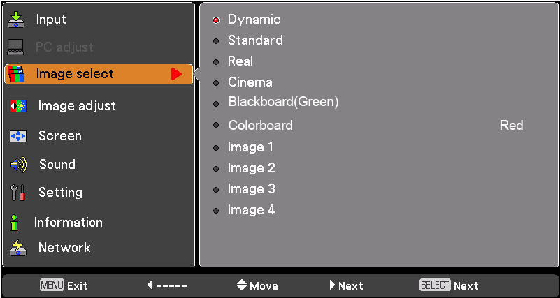 Wybór typu obrazu Sygnał wejściowy ze sprzętu wideo Bezpośrednio Wybierz żądany typ obrazu spośród opcji: Dynamiczny, Standardowy, Rzeczywisty, Film, Tablica (zielona), Tablica (kolorowa), Obraz 1,