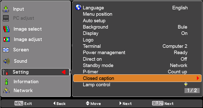 Menu Ustawienia Closed Caption Projektor umożliwia wyświetlanie napisów do ścieżki dźwiękowej programu lub innych informacji.