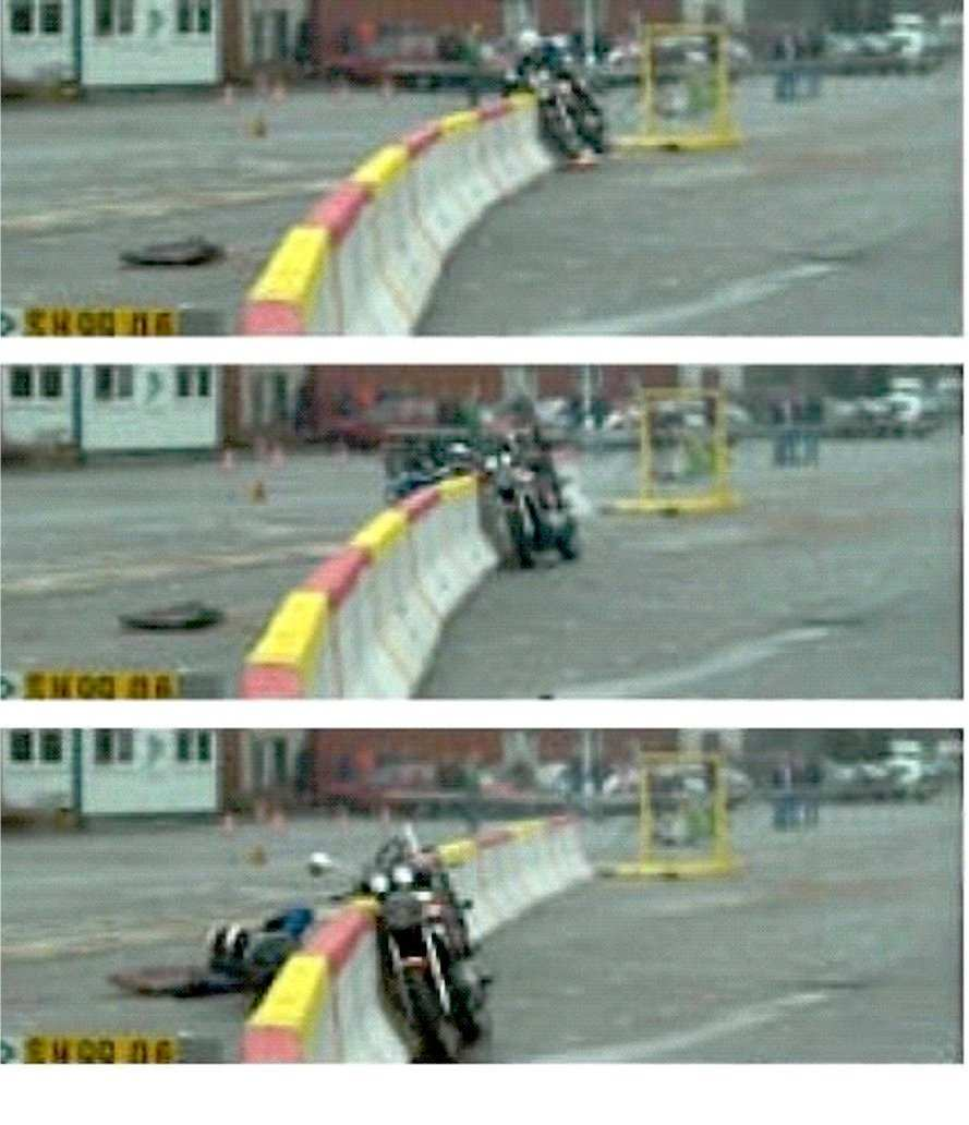 Przebieg testu zderzeniowego oraz jego wyniki (pozycja pionowa motocyklisty, kąt najechania 12 O, bariera betonowa New Jersey) Obciążenia części ciała sylwetki manekina Uderzenie pierwotne Uderzenie