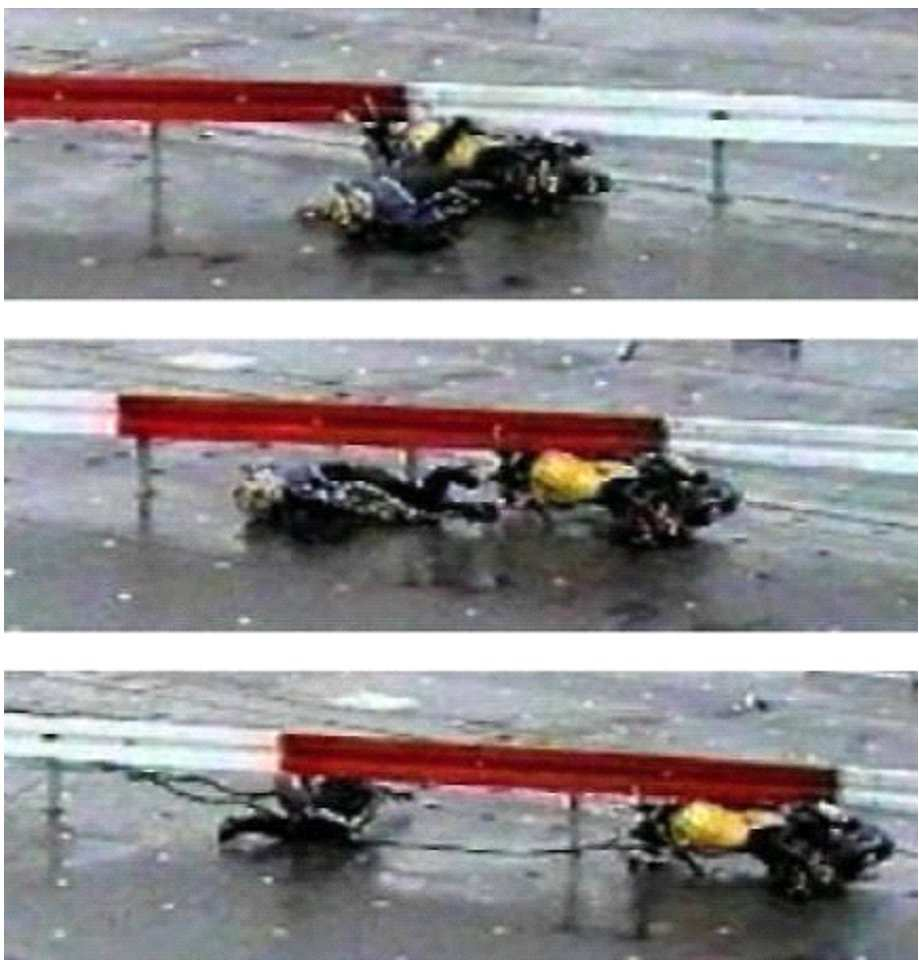 Przebieg testu zderzeniowego oraz jego wyniki (pozycja ślizgowa motocyklisty, kąt najechania 25 O, bariera bezprzekładkowa) Obciążenia części ciała sylwetki manekina Uderzenie pierwotne Uderzenie