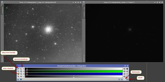 Screen Transfer Function, Dynamic Crop, Dynamic Background Extraction Po udanym złożeniu klatek w jedno finalne zdjęcie czeka nas jeszcze wiele pracy.