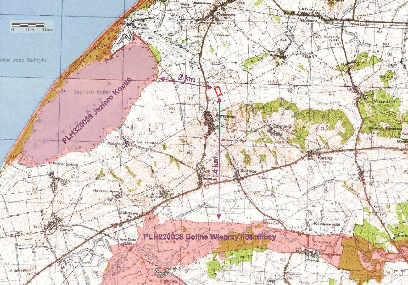 Rys.2. Położenie obszaru inwestycji w stosunku do najbliższych obszarów Natura 2000.