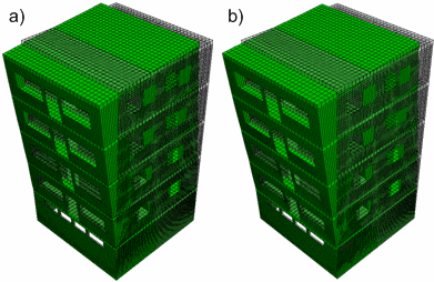 Rozdział 4 Modelowanie obiektów budowlanych Rys. 4-15 Postać 1-wszej częstotliwości drgań własnych modelu budynku N w wersji niesymetrycznej o połączeniu ściana-strop: a) przegubowym, b) sztywnym.