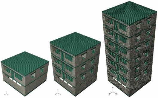 Rozdział 4 Modelowanie obiektów budowlanych Analogicznie przeprowadzono procedurę wyznaczania wartości parametrów modyfikujących model tarczowy w przypadku budynków: wysokiego i szerokiego.