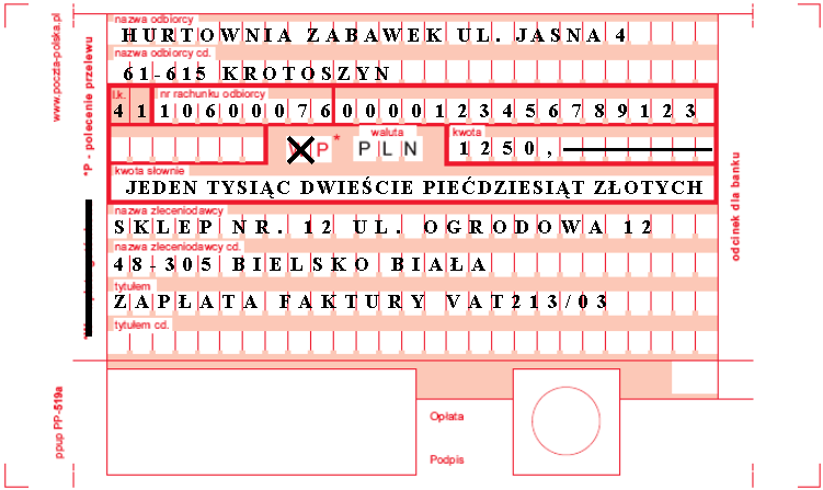 Etap pisemny egzaminu Przykładowe zadanie 2. Jak nazywa się przedstawiony na rysunku dokument regulujący rozliczenie bezgotówkowe? A. Czek potwierdzony. B. Polecenie przelewu. C. Faktura VAT. D.