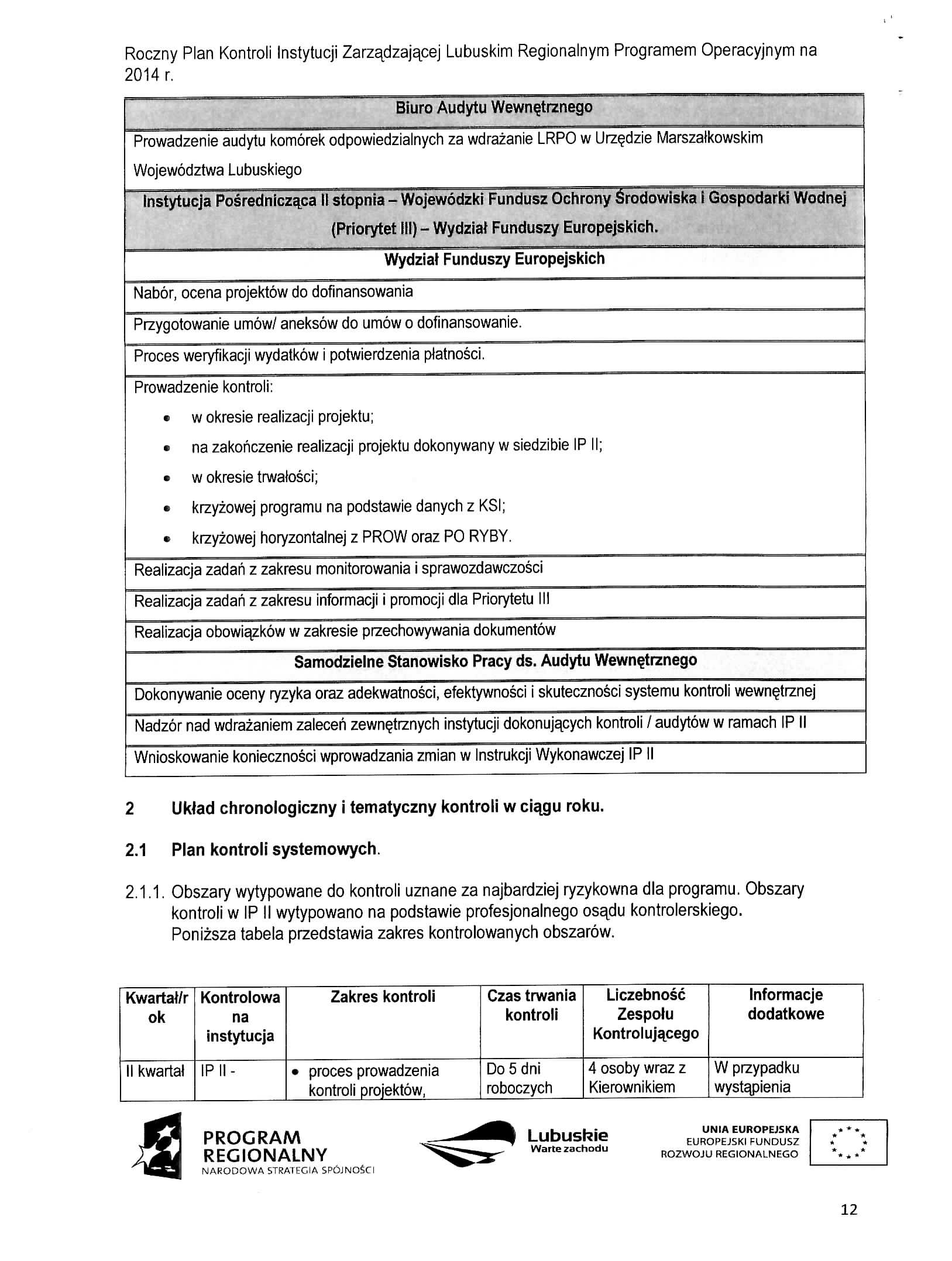 Roczny Plan Kontroli Instytucji Zarzadzajacej Lubuskim Regionalnym Programem Operacyjnym na Biuro Audytu Wewne,trznego Prowadzenie audytu komorek odpowiedzialnych za wdrazanie LRPO w Urze_dzie