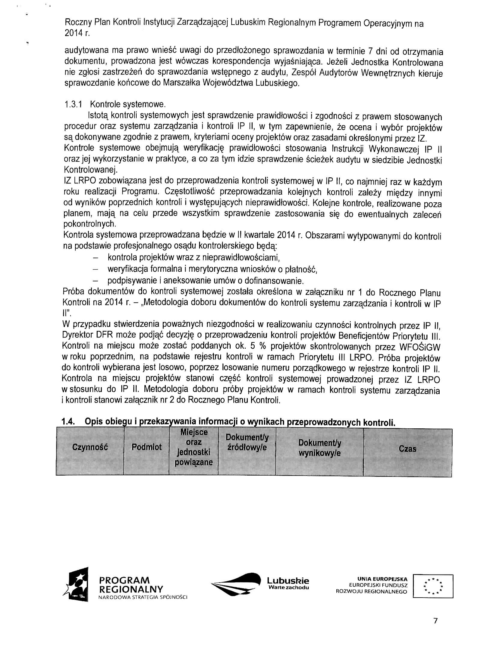 Roczny Plan Kontroli instytucji Zarzadzajacej Lubuskim Regionalnym Programem Operacyjnym na audytowana ma prawo wniesc uwagi do przedbzonego sprawozdania w terminie 7 dni od otrzymania dokumentu,