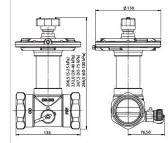 Wymiary D3 D3 H H D1 D2 D1 D2 Model H D1 D2 D3 DN15 101 61 60.5 62 DN20 122 71 62 62 DN25 146 84 65 96 DN32 148 96 69 96 DN40 (5-25kPa) 194 99.5 73 138 DN40 (20-40kPa) 220 99.