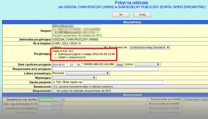 Przyjmowanie pacjenta z kolejki na oddział Przyjmowanie pacjenta z kolejki oczekujących na oddział polega na zainicjowaniu daty i przyczyny skreślenia z poziomu pobytu na oddziale.