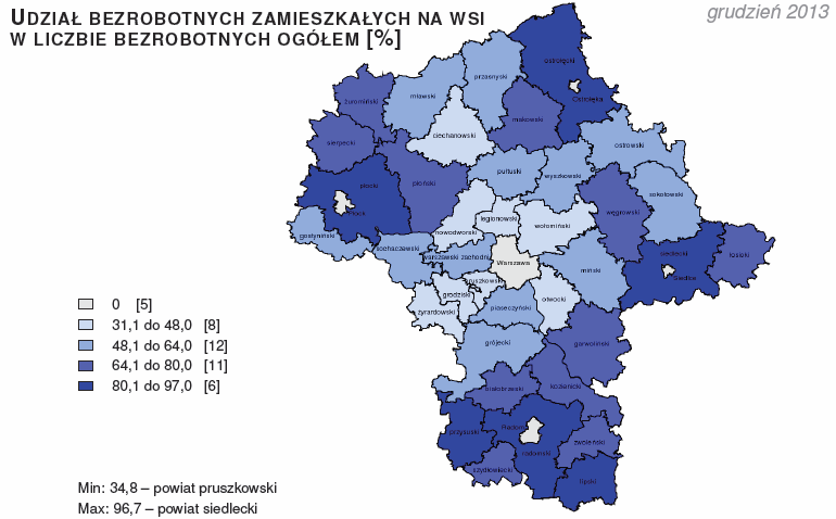 Warto zaznaczyć, że w 29 powiatach udział bezrobotnych zamieszkałych na wsi w ogólnej liczbie bezrobotnych przekroczył 50,0%, a w 14 powiatach był większy niż 70,0%.