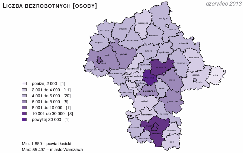 2. POZIOM I STOPA BEZROBOCIA Wskaźniki statystyczne dotyczące całego województwa mazowieckiego wyróżniają Mazowsze jako region najbogatszy oraz najmniej zagrożony bezrobociem.