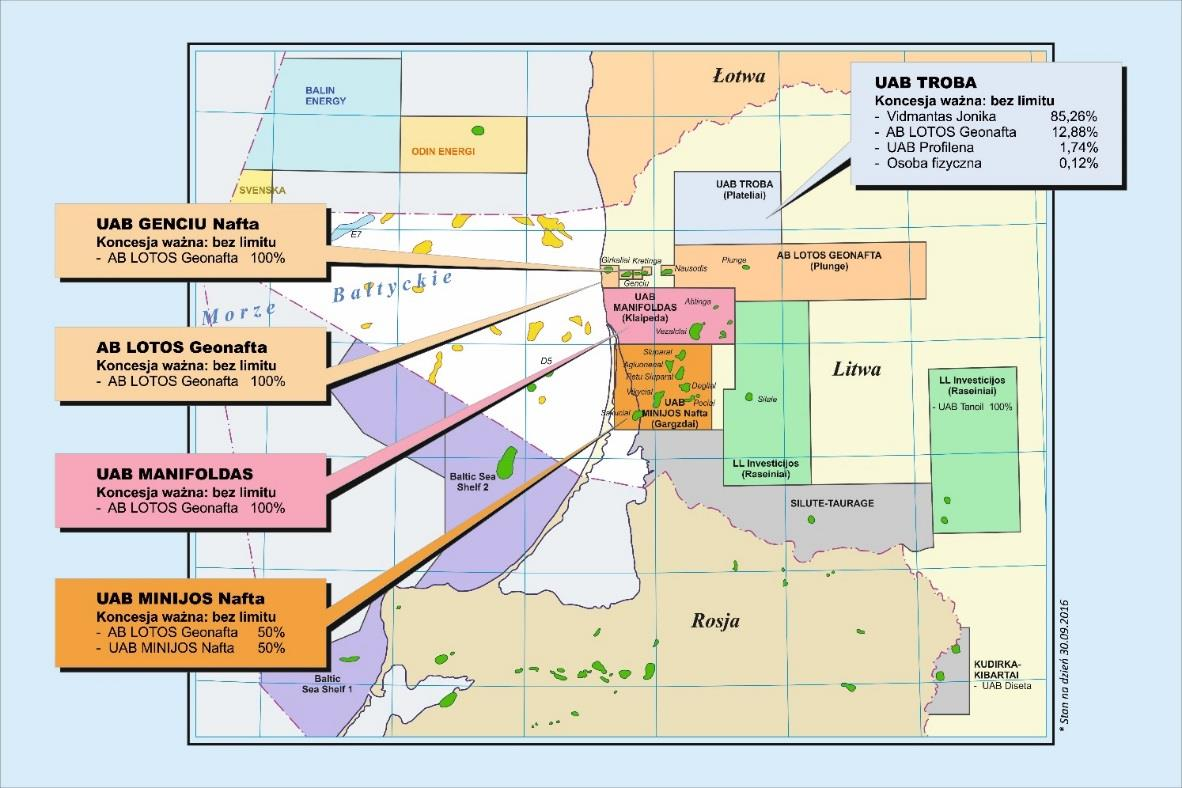 Koncesje LOTOS Exploration & Production Norge AS na dzień 30 września 2016 roku Źródło: opracowanie własne Spółki Grupa Kapitałowa AB LOTOS Geonafta W 3kw.