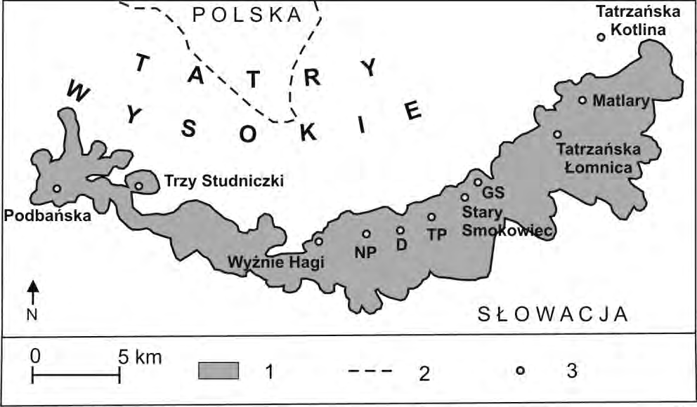 E. Rojan Ryc. 3. Lokalizacja obszaru klęski w 2004 r.: 1 wiatrował, 2 granica państwowa, 3 miejscowości: NP Nowa Polanka, D Danielowo, TP Tatrzańska Polanka, GS Górny Smokowiec. Fig. 3. The area of the disaster in 2004: 1 blowdown area, 2 state border, 3 villages: NP Nová Polianka, D Danielov dom, TP Tatranská Polianka, GS Horný Smokovec.