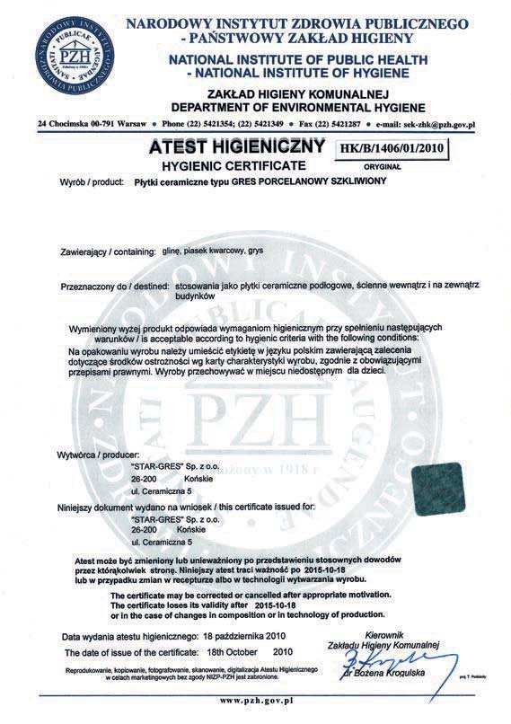 Hygienic certificate, declaration of