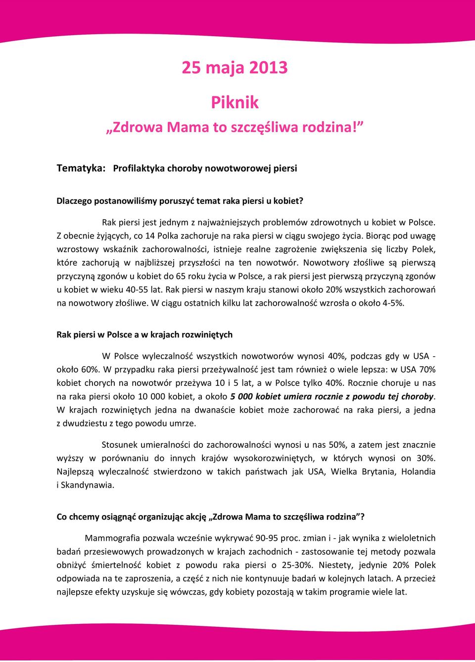 Biorąc pod uwagę wzrostowy wskaźnik zachorowalności, istnieje realne zagrożenie zwiększenia się liczby Polek, które zachorują w najbliższej przyszłości na ten nowotwór.