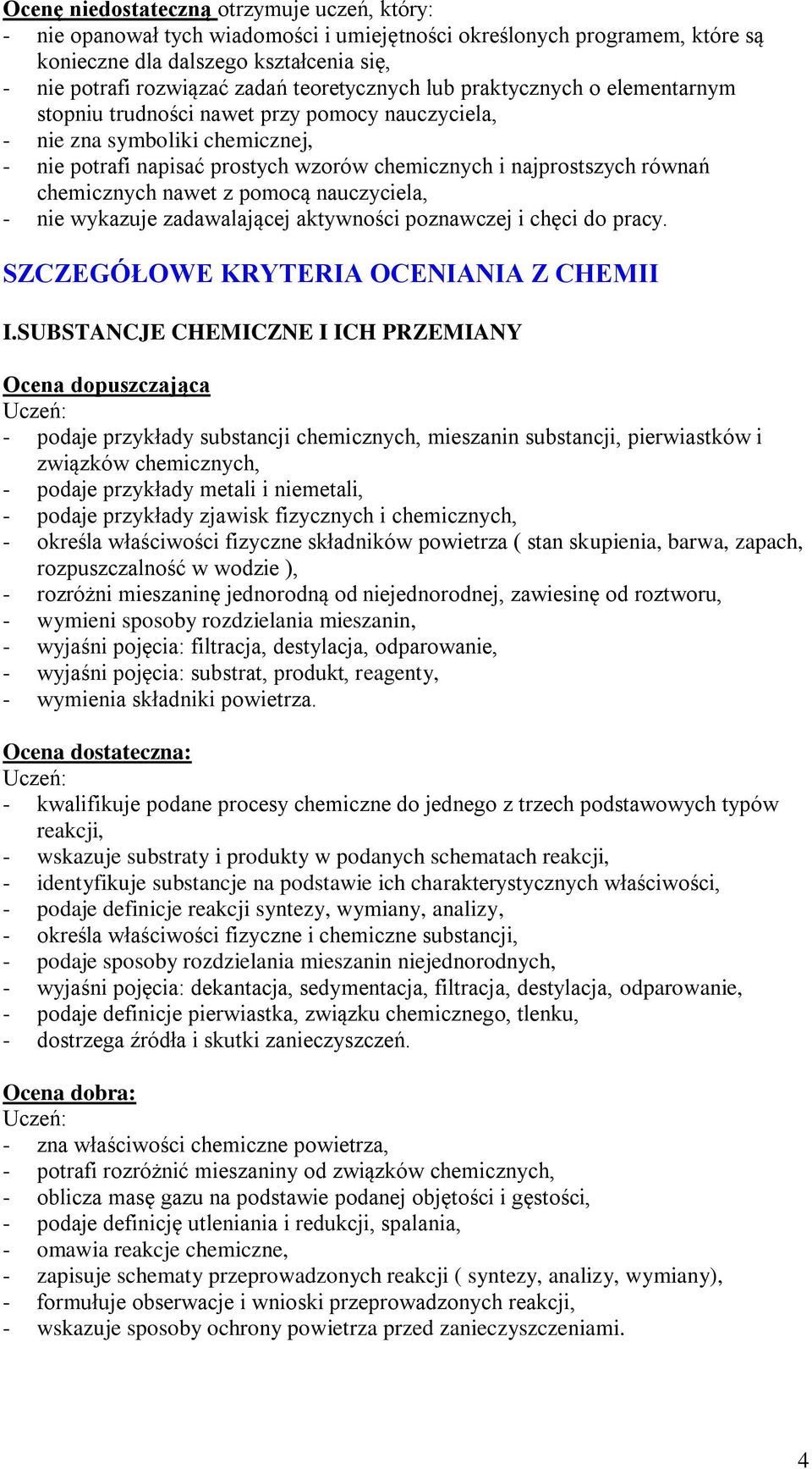 chemicznych nawet z pomocą nauczyciela, - nie wykazuje zadawalającej aktywności poznawczej i chęci do pracy. SZCZEGÓŁOWE KRYTERIA OCENIANIA Z CHEMII I.