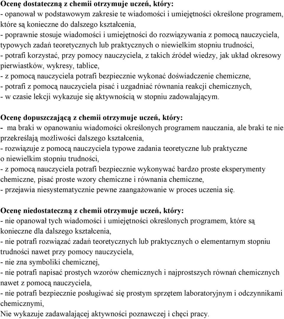 wykresy, tablice, - z pomocą nauczyciela potrafi bezpiecznie wykonać doświadczenie chemiczne, - potrafi z pomocą nauczyciela pisać i uzgadniać równania reakcji chemicznych, - w czasie lekcji wykazuje