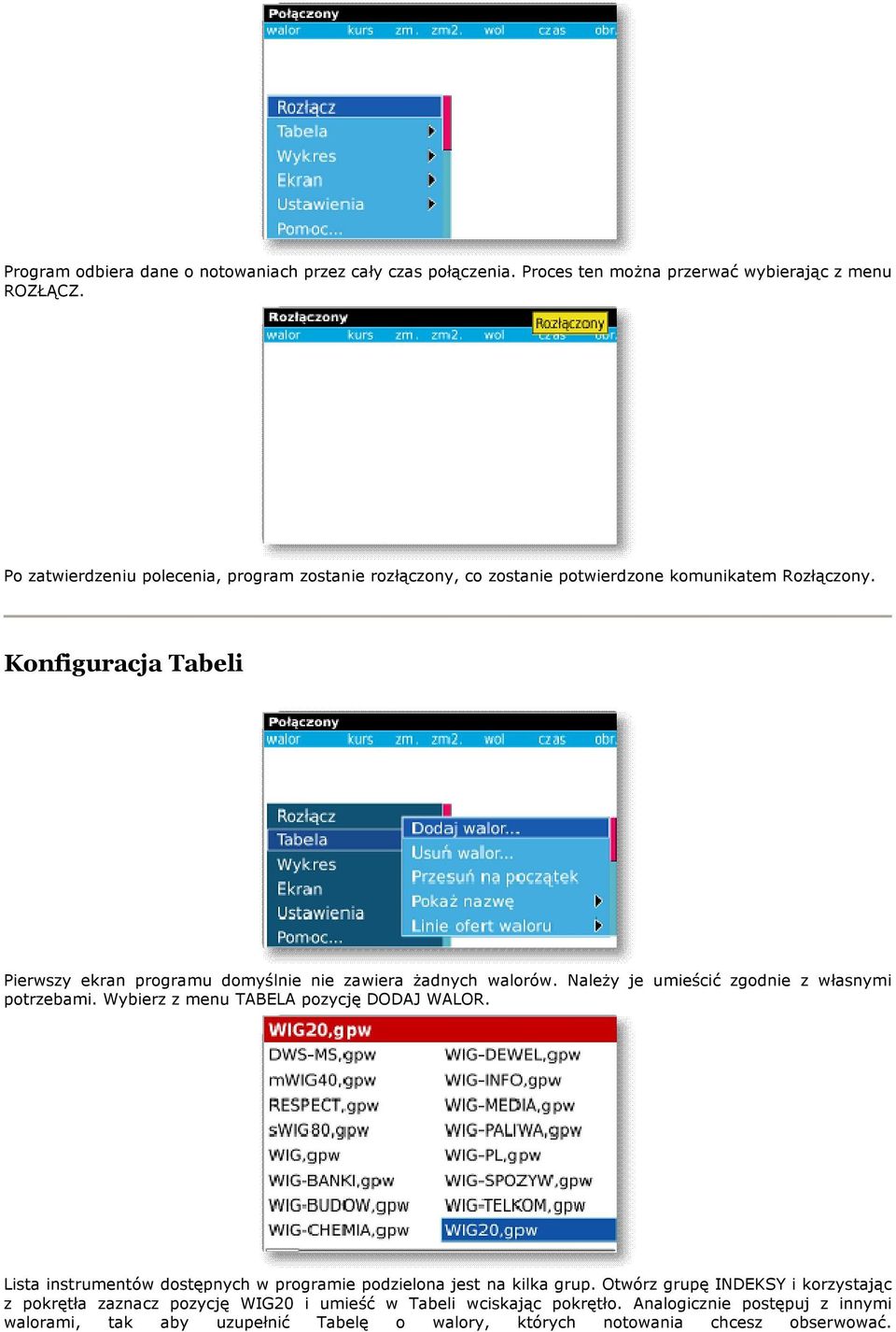 Konfiguracja Tabeli Pierwszy ekran programu domyślnie nie zawiera żadnych walorów. Należy je umieścić zgodnie z własnymi potrzebami.