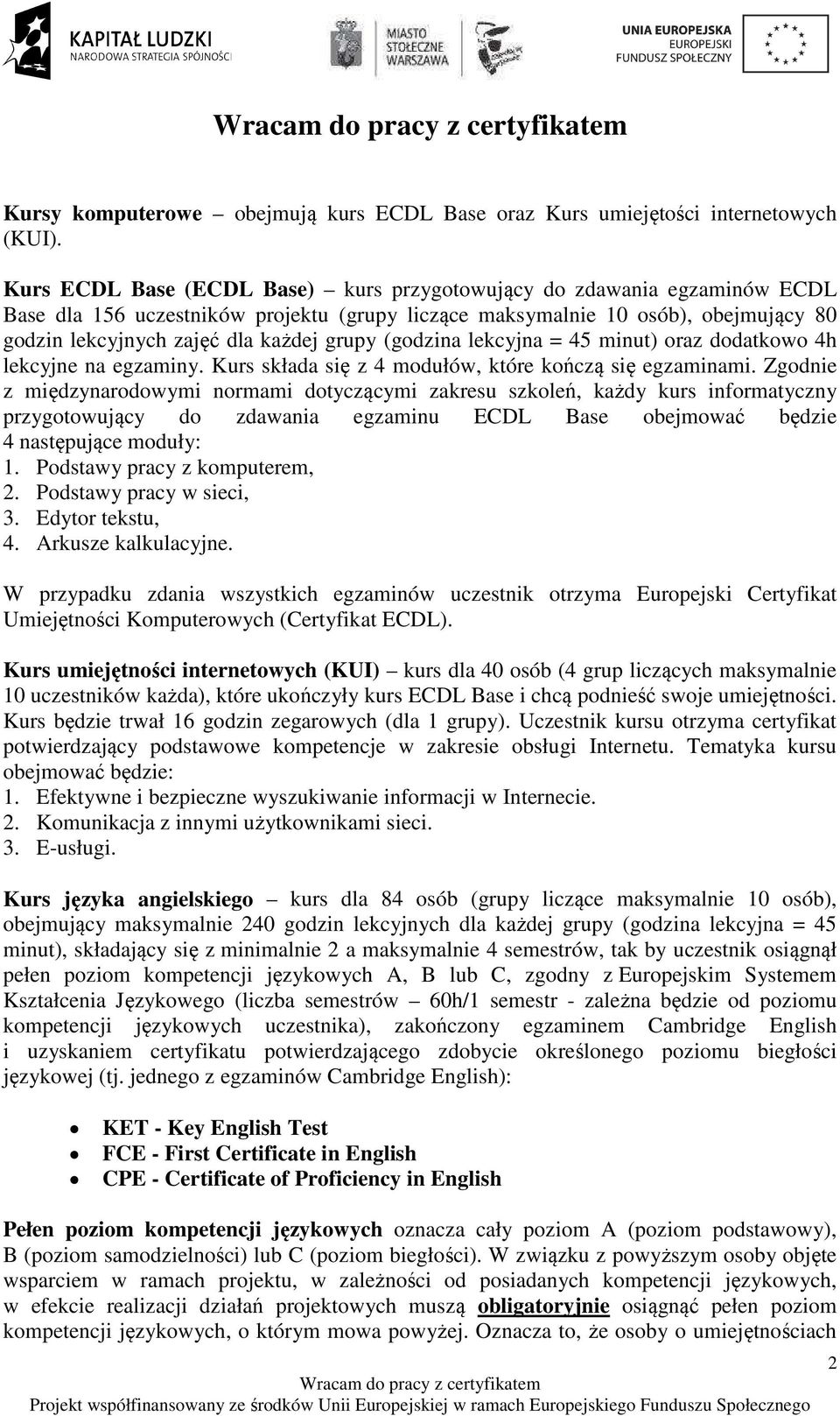 (godzina lekcyjna = 45 minut) oraz dodatkowo 4h lekcyjne na egzaminy. Kurs składa się z 4 modułów, które kończą się egzaminami.