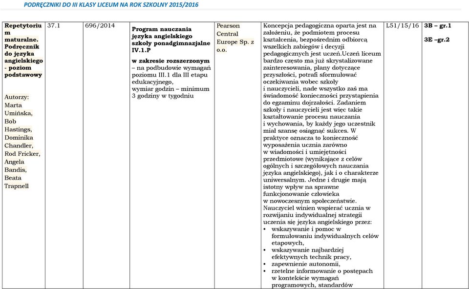 1 dla III etapu edukacyjnego, wymar godzn mnmum 3 godzny w tygodnu Pearson Central Europe Sp. z o.o. Koncepcja pedagogczna oparta jest na założenu, że podmotem procesu kształcena, bezpośrednm odborcą wszelkch zabegów decyzj pedagogcznych jest uczeń.