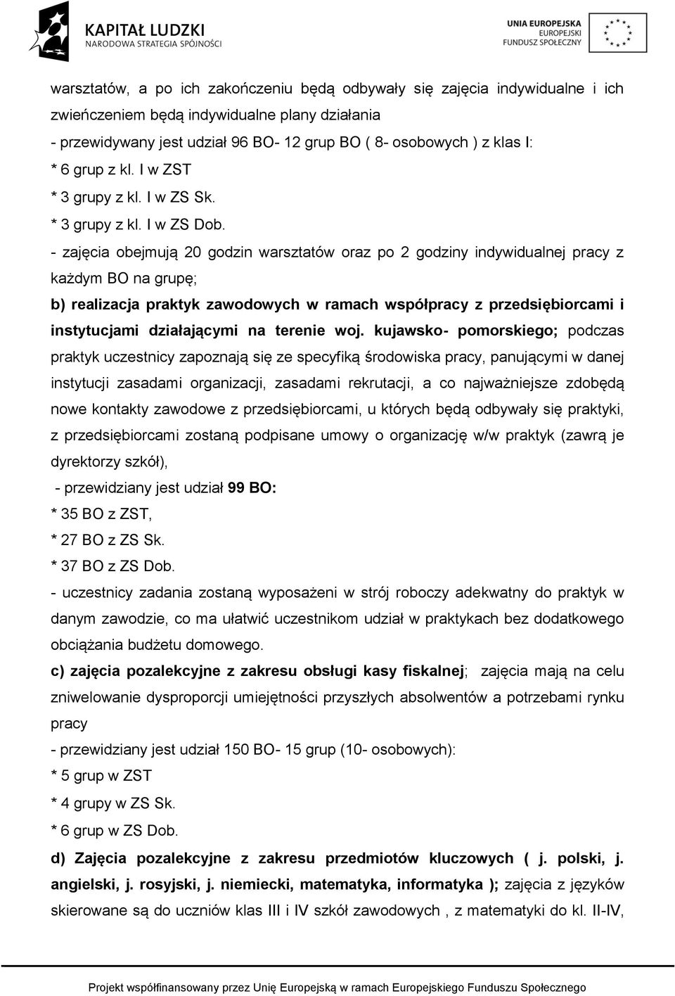 - zajęcia obejmują 20 godzin warsztatów oraz po 2 godziny indywidualnej pracy z każdym BO na grupę; b) realizacja praktyk zawodowych w ramach współpracy z przedsiębiorcami i instytucjami działającymi