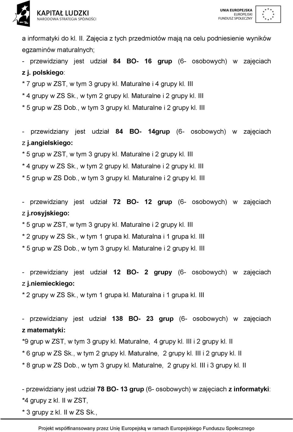 III * 5 grup w ZS Dob., w tym 3 grupy kl. Maturalne i 2 grupy kl. III - przewidziany jest udział 84 BO- 14grup (6- osobowych) w zajęciach z j.angielskiego: * 5 grup w ZST, w tym 3 grupy kl.