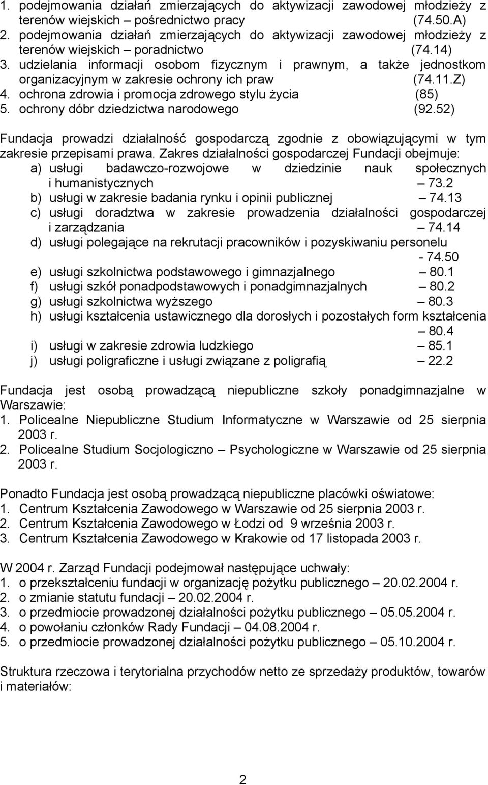 udzielania informacji osobom fizycznym i prawnym, a także jednostkom organizacyjnym w zakresie ochrony ich praw (74.11.Z) 4. ochrona zdrowia i promocja zdrowego stylu życia (85) 5.