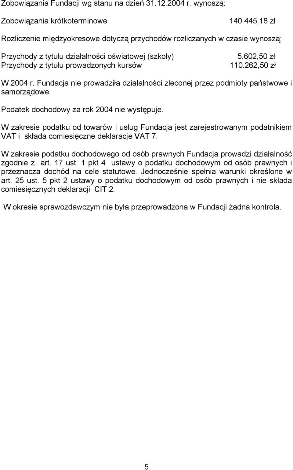 262,50 zł W 2004 r. Fundacja nie prowadziła działalności zleconej przez podmioty państwowe i samorządowe. Podatek dochodowy za rok 2004 nie występuje.
